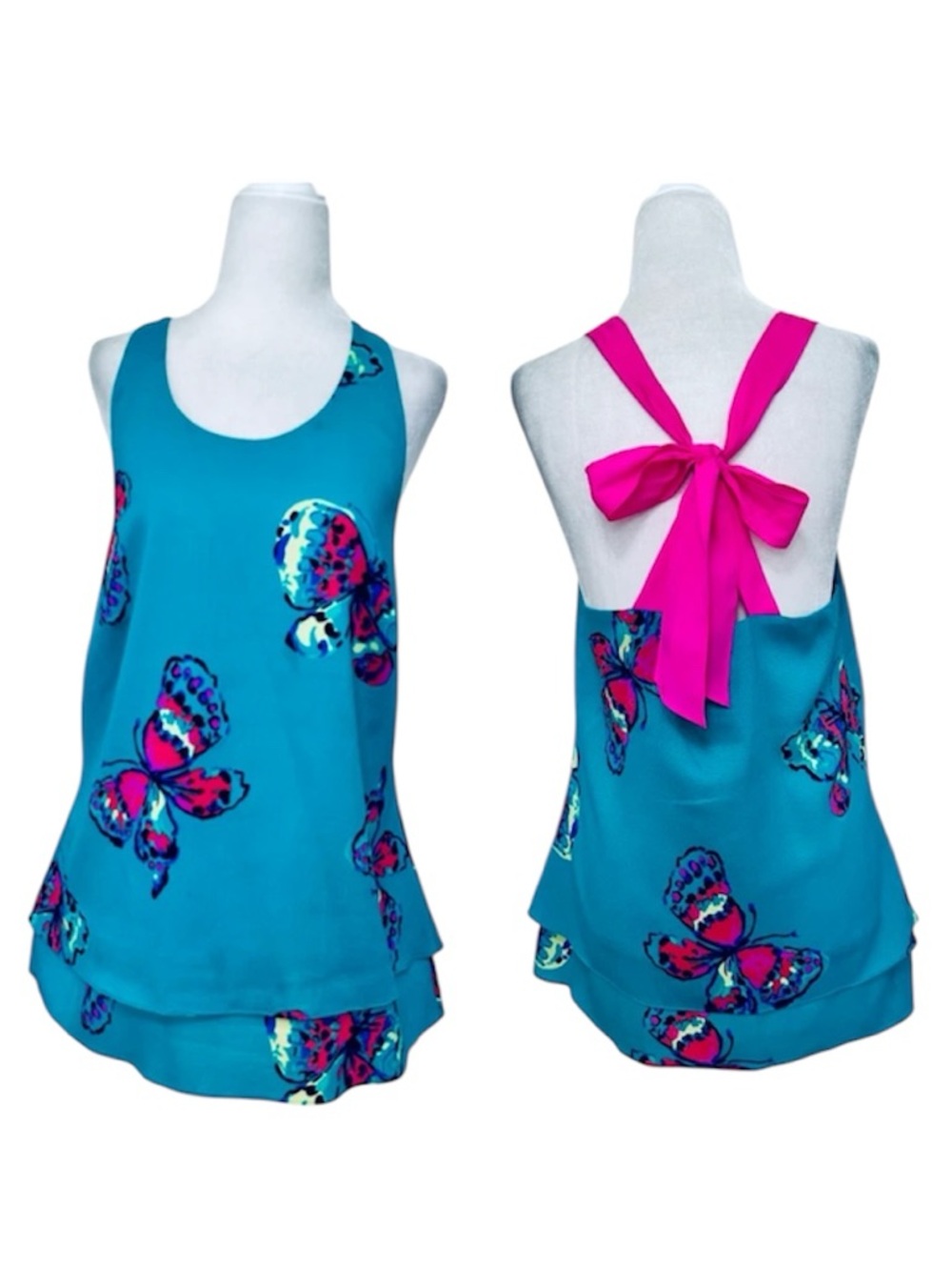 Lilly Pulitzer Teal Butterfly Print Tank with Hot Pink Back Bow